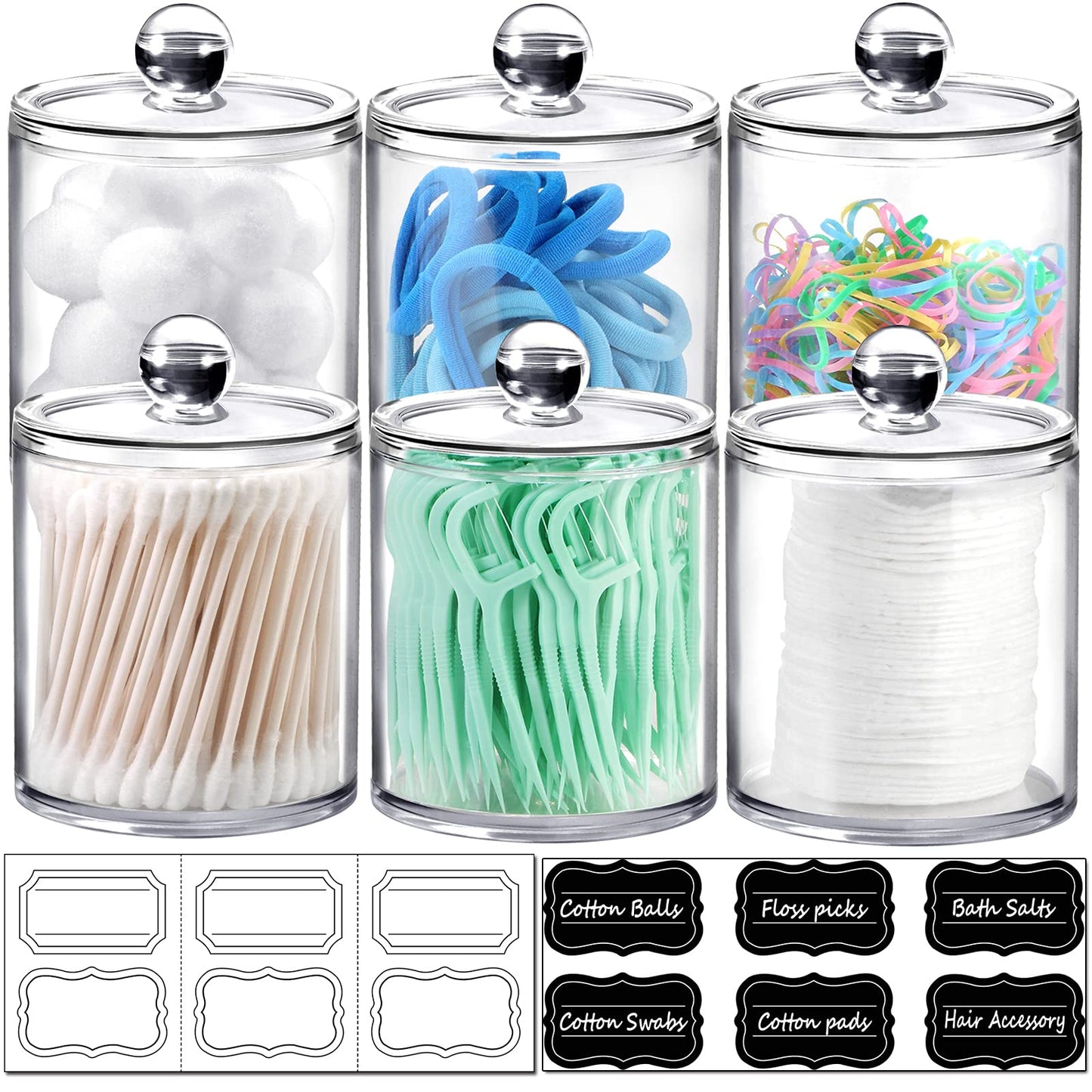 6 Pack of 12 Oz. Qtip Dispenser Apothecary Jars Bathroom with Labels - Holder Storage Canister Clear Plastic Acrylic Jar for Cotton Ball,Cotton Swab,Cotton Rounds,Floss Picks, Hair Clips (Clear)